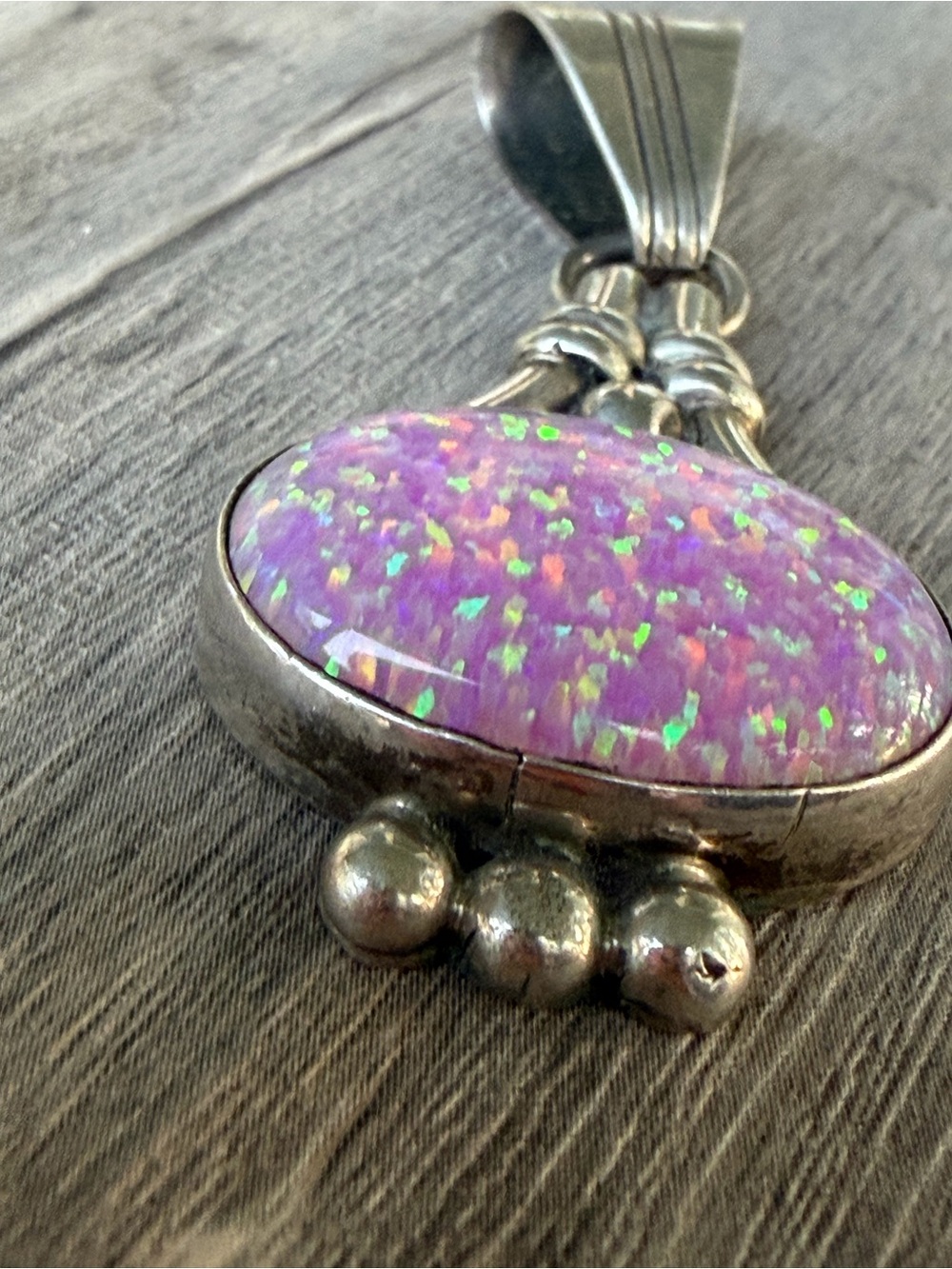 RR Vintage Native American Pink Fire Opal-Effect Oval Pendant in Sterling